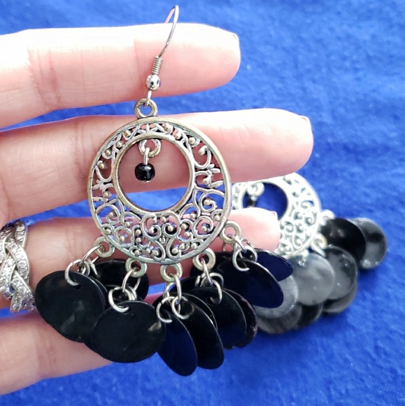 Jewelry - Hand made silver earrings with black shell charms